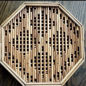 Vintage Octagonal Bamboo Tray Handwoven Boho Coastal Mid Century Decor 8.25”